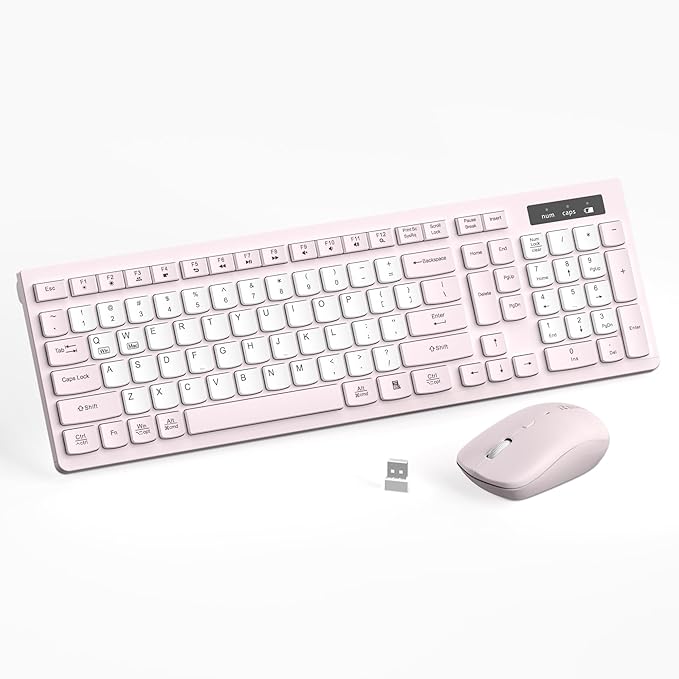 Wireless Keyboard and Mouse Combo Full-Sized Quiet Wireless Keyboard and Adjustable DPI Mouse 2.4GHz USB Receiver Keyboard and Mouse for PC Windows Desktop Laptop (Pink and White-B)
