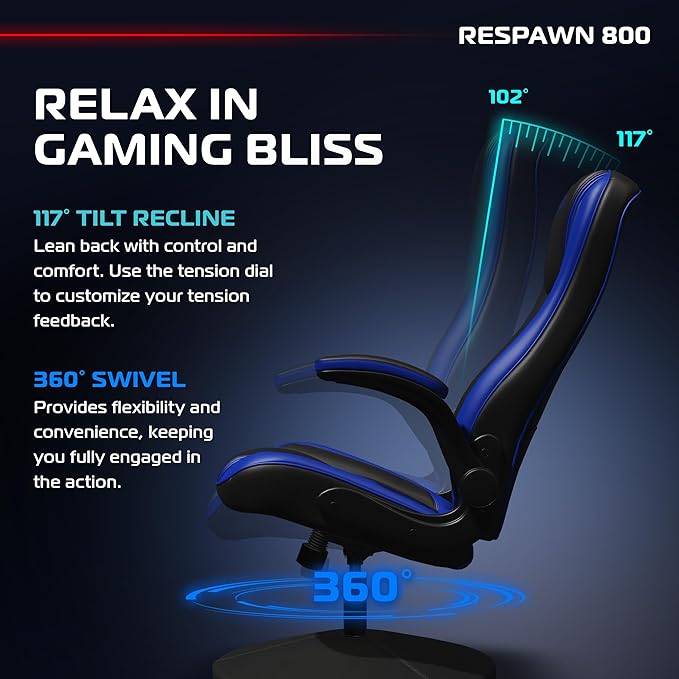 RESPAWN 800 Swivel Rocker Gaming Chair - Ergonomic Floor Gaming Seat with Lumbar Support Flip Up Armrest High Back Pedestal Base Comfortable No Wheels Console Video Game Rocker Chair - Blue