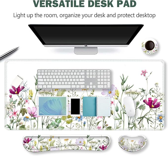 ARTSO Gaming Mouse Pad Wrist Support Set XXL Large Desk Mat Mousepad + Keyboard Wrist Support+ Mouse Wrist Rest+Coaster 4in1 Ergonomic Memory Foam for Home Office -White Flowers Plants