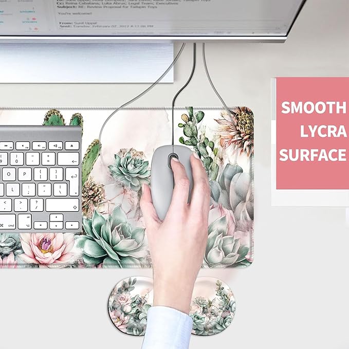 Mouse PadLarge Desk Mat Set 4in1 XL Mousepad + Keyboard Wrist Rest+Mouse Wrist Rest+Coaster with Ergonomic Desk Pad for Home Office Table Computer Cover -Cacti Succulents with Flowers