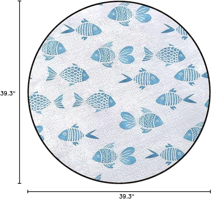 Ocean Animal Decor Gaming Chair Mat Round Floor Mats for Office Chair Computer Gaming Desk Mat for Rolling Chair Non-Slip Gaming Rug Fish Figures Hand Drawn Marine ArtworkBlue Diameter 39.3 in