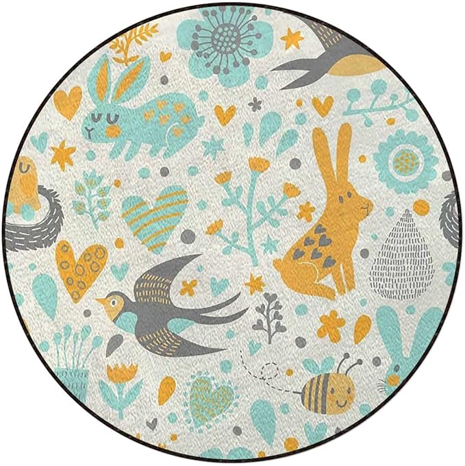 Modern Art Round Office Chair Mat Computer Gaming Chair Rolling Mats Printed Protector Mats Machine Washable Office Desk Chair Mat Natural Wildlife CompositionCream Orange Diameter 60 in