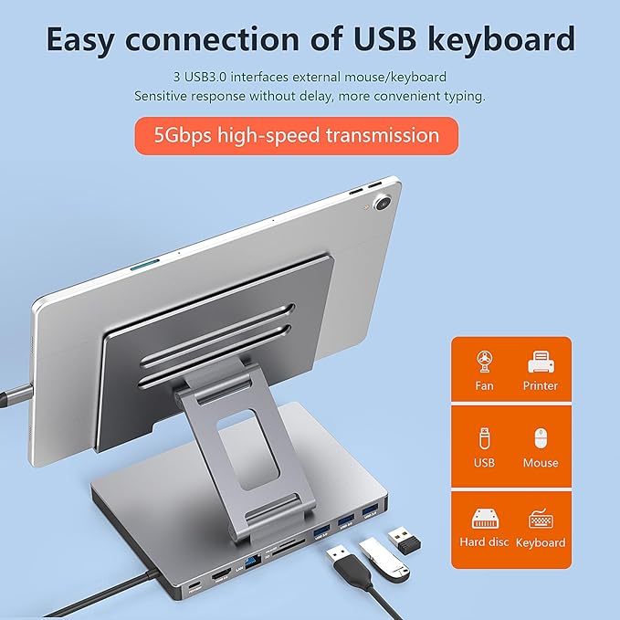 Aluminum Stand with 9-in-1 Type C Dock100W PD4K HDMI Foldable for iPad Pro/Air All-in-One Docking Station &amp Adjustable Holder USB 3.0/Ethernet/SD Reader