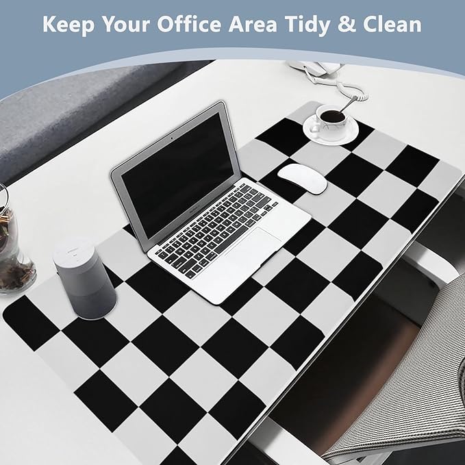 Mouse Pad Desk Mat Leather Desk Pad Large Gaming Desk Cover Protector Mat for Keyboard Computer Laptop Office Waterproof 35.4 x 16.5 Inch Checkered Black and White