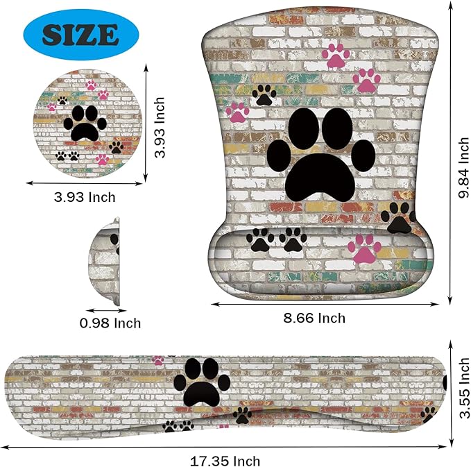Keyboard Wrist Support + Wrist Mousepad + Coaster Combination Non-Slip PU Base with Gel Memory Mousepad Suitable for Gaming Office Pain Relief Mousepad Set - Cute Dog Paw Prints