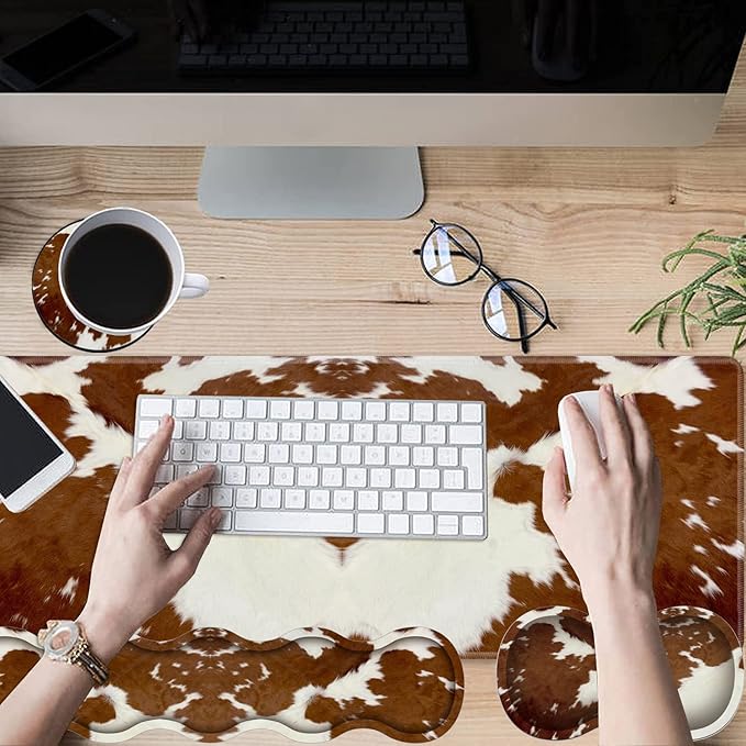Gaming Mouse Pad Set Large Gaming Mouse Pad+Keyboard Wrist Rest+Mouse Wrist Rest+Coaster Easy Typing Pain Relief 31.5 × 11.8 inch Desk Mat for Home Office Brown Cow Print Pattern