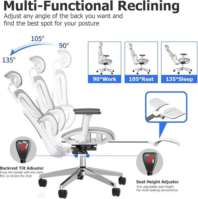 PatioMage Ergonomic Office Chair Big and Tall Desk Chair with Adjustable Lumbar Support &amp Seat Depth High Back Computer Chair Swivel Mesh Chairs with Wheels for Home Office White