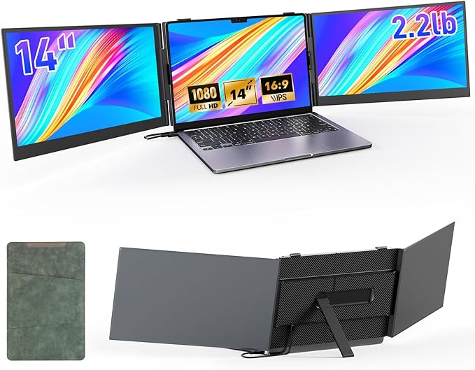 Redalf 14” Triple Laptop Screen ExtenderUltra-Thin &amp Lightweight (2.2lb) Portable 1080P FHD IPS Monitor Plug &amp Play USB-C/HDMI Fits 13–17.3” Laptops for Mac/Windows/Chrome