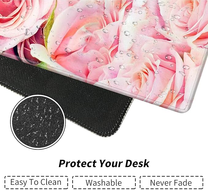 Desk Pad Mat Large Mouse Pad XL Extended Mousepad Gaming with Pink Rose 31.5 *11.8 Huge Mouse Pads for Computer Laptop Home Office + Cup Coaster