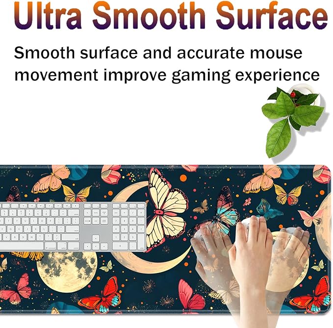 Large XXL Gaming Desk Mat 31.5x 11.8 Ergonomic Keyboard Wrist Rest &amp Mouse Pad Wrist Rest + Coaster Set Non-Slip Base Memory Foam Office and Home Moon Butterfly