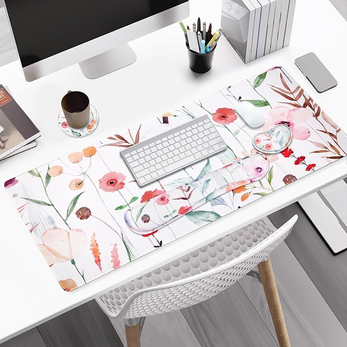 Large Gaming Mouse Pad Set 4 in 1 Extended Keyboard Desk Mat with Wrist Rest PC Computer Game Mousepad Set Non-Slip Desk Pad Easy Typing Pain Relief for Home Office I Orange Flowers