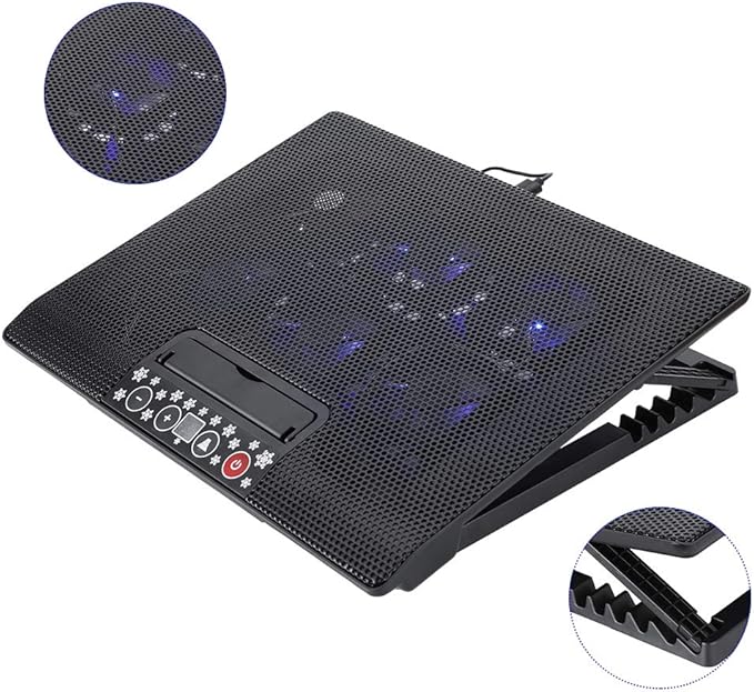 Laptop Cooler USB 6 Fans Cooling Pad Base with Blue LEDs Angle Mounts Stand with Ergonomic Design Super Quiet and Wind Speed
