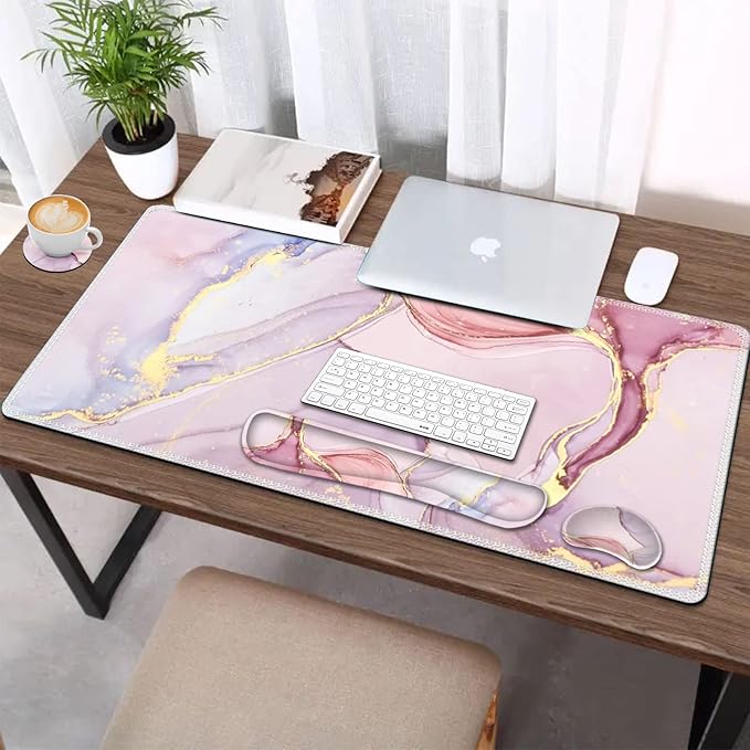 AIMSA Large Gaming Mouse Pad Set Keyboard Wrist Rest Support Mouse Pad Ergonomic Memory Foam Multifunctional Extended Desk Mat 35x15.7in Anti-Slip Rubber Base for Office Home Pink Purple Marble