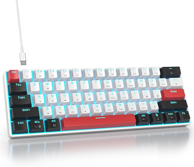 Portable 60% Mechanical Gaming Keyboard 60 Percent Red Switch LED Backlit 61 Keys Mini White USB Wired Office Keyboard for Windows Mac Laptop PC (61 Black &amp White)