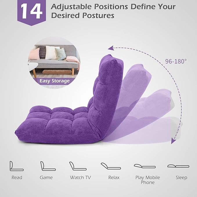 COSTWAY Adjustable Gaming Chair Purple 14-Position Back Support Soft Coral Fleece Portable Lightweight 22 x 24 x 22