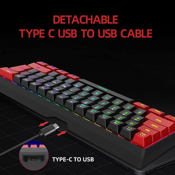 Snpurdiri 60% Wired Gaming Keyboard Ultra-Compact RGB Backlit Small Gaming Keyboard for PC Computer Gamer (Red and Black)