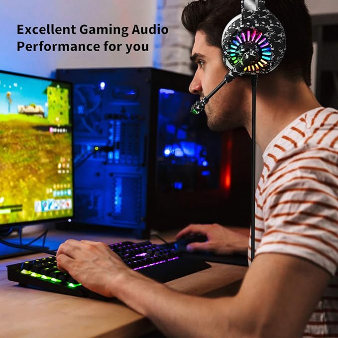 ZIUMIER Camo Gaming Headset for PS4 PS5 Xbox One PC Laptop Mac Switch 3.5MM Wired Gaming Headphones with Microphone Bass Surround LED Light Camouflage