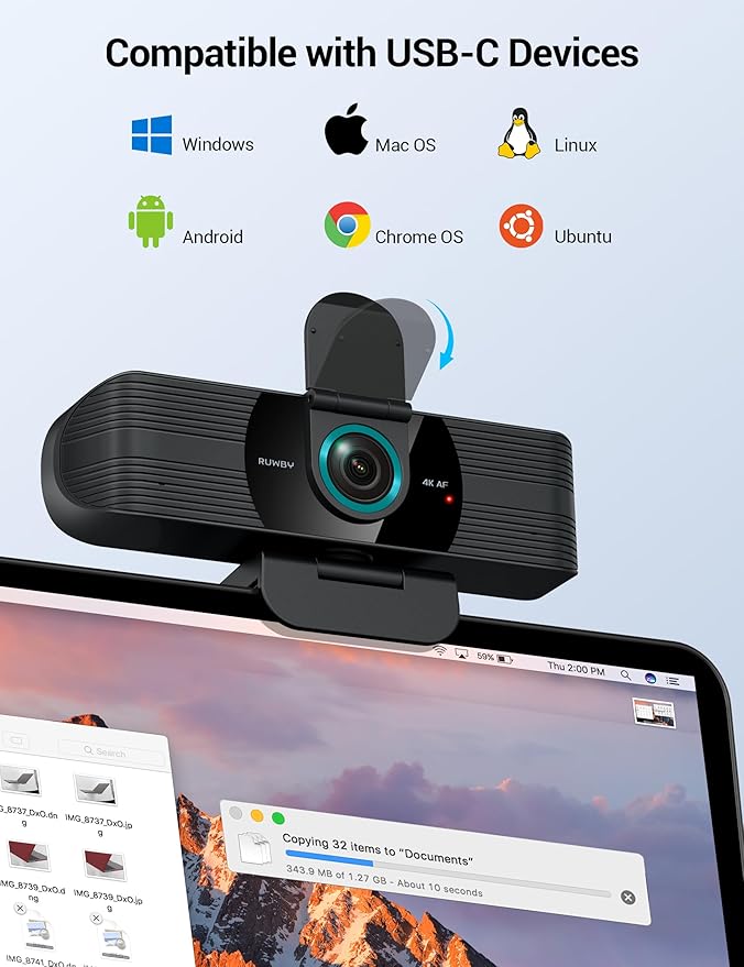RUWBY Webcam with Built-in Microphone and Rotatable Tripod 1080P Video and Wide Angle Camera Privacy Cover (4K | 30fps | Type-C Cable | Detachable Tripod)