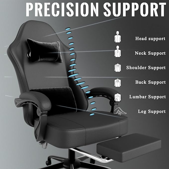 Black Gaming Chair with Pocket Spring Cushion and Footrest PU Leather Game Chair Adjustable Headrest Home Office Desk Chairs Comfortable Ergonomic Computer Chairs