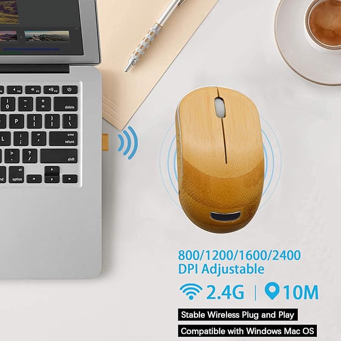 Icemouse Wireless Mouse for Laptop 2.4G Cordless Portable Computer Bamboo Mice Silent Clicking with 4 Adjustable DPI for PC Notebook Desktop MacBook with USB Ports