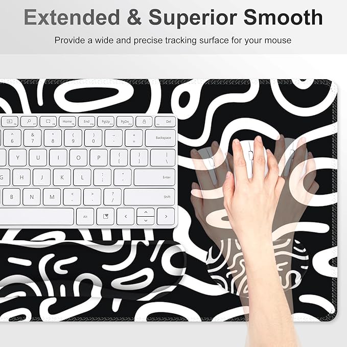 Large Gaming Mouse Pad Set 4 in 1 Extended Keyboard Desk Mat with Wrist Rest Computer Game Mousepad Non-Slip Desk Pad Easy Typing Pain Relief for Home Office I Black White Topographic
