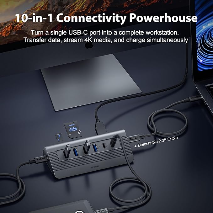 USB C Hub 10-in-1 Detachable Cable USB 3.2 Gen2 10Gbps — 4K 60Hz HDMI 100W PD SD/Micro SD — Docking Station for MacBook Pro/Air M1-M5 Windows Laptop Mac mini iPad Pro (Space Gray)