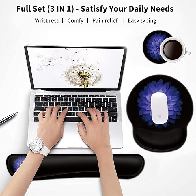 Keyboard Wrist Rest and Mouse Pad with Wrist Support Ergonomic Gel Mouse Pad Coaster Comfortable Lightweight for Easy Typing Pain Relief Memory Foam Keyboard Mousepad SetPurple Flowers