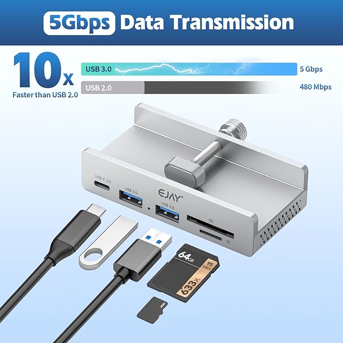 EJAY 5Ports USB3.0 HUB Alu Splitter Desktop Docking with Card Reader for Desk/Monitor Clipping with Extra Power Supply Port59inches Data &amp 39inches Power Cable-5Gbps(Silver)