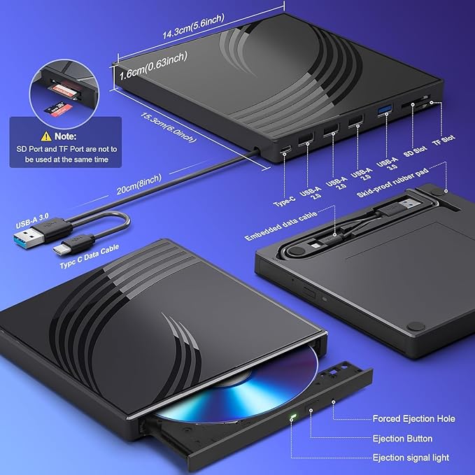 External CD/DVD Drive for Laptop with Carrying CaseDVD Player for LaptopPortable CD Burner with 4 USB Ports 2 TF/SD Card SlotsCD Disk Drive Player Reader Write