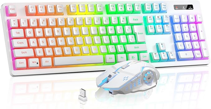 Wireless Gaming Keyboard and Mouse Combo - RGB Backlit Rechargeable Ergonomic for Gaming Work Long-Lasting Built-in Battery (White)