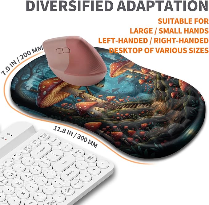 Ergonomic Joint Wrist Support Mouse Pad with Memory Foam Cushion Massage Bump Carpal Tunnel Pain Relief Mousepad Slope Design for Wrist Rest 11.8x7.9 in Mushroom