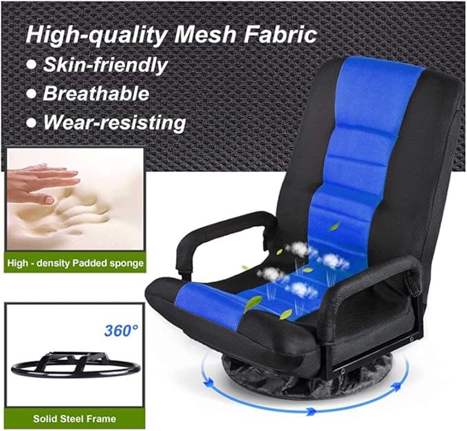 Swivel Gaming Floor Chair for Adults Teens360 Degree Video Game Chairs with Folding Adjustable BackrestLazy Sofa Lounger for TV Reading Playing Blue