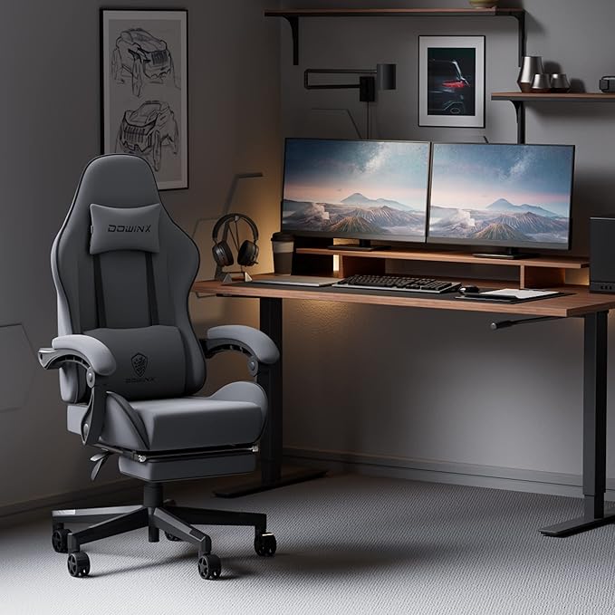 Dowinx Gaming Chair Fabric with Pocket Spring Cushion Massage Game Chair Cloth with Headrest Ergonomic Computer Chair with Footrest 290LBS Grey
