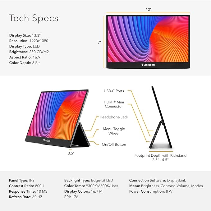 SideTrak Solo Pro 13' Freestanding Portable Monitor | 1080p LED .04' Thin | Kickstand | 10ms Response Time | 60Hz Refresh Rate | USB-C Mini HD | 1.3 lbs. Travel Monitor