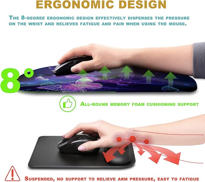 Ergonomic Mouse Pad with Wrist Rest Support Massage Design Mouse pad Relief Carpal Tunnel Pain Entire Memory Foam Non-Slip Mouse Pad Computer Mouse Pads for Wireless Mouse Pad Cool Butterfly