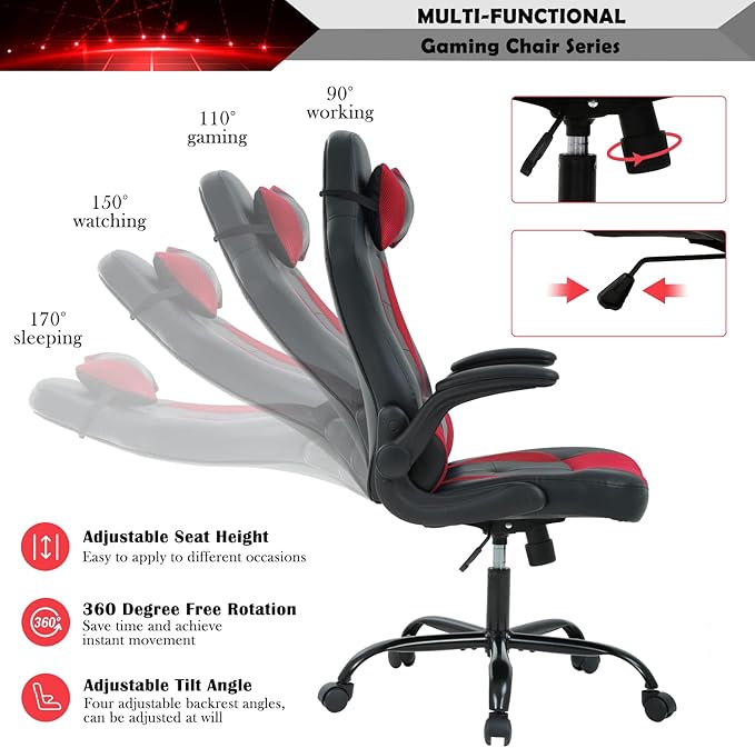 Gaming Chair Ergonomic Video Game Chair Computer High Back Office Desk Chair with Lumbar Support Adjustable Swivel Reclining Rolling PU Leather Game Chairs (Red and Black)