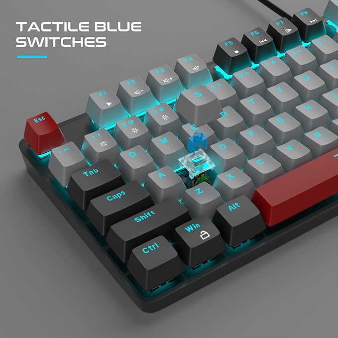 MageGee Mechanical Gaming Keyboard New Upgraded 104 Keys Blue Backlit Keyboards with Blue Switches USB Wired Mechanical Computer Keyboard for Laptop Desktop PC Gamers(Black &amp Gray)