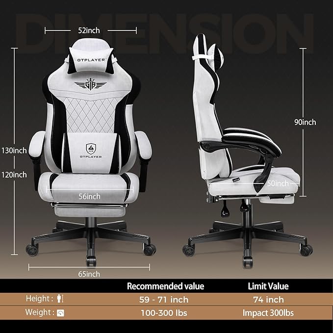 GTPLAYER Gaming Chair with Footrest Big and Tall Game Chair High Back Computer Office Chair with Lumbar Support for Adults Ergonomic Swivel Games Chair with Cushion Gaming Fabric Grey