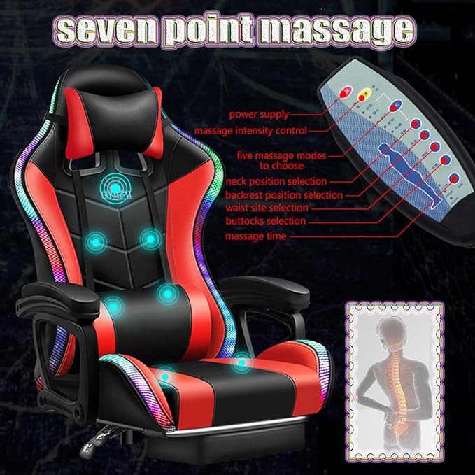 Gaming Chair with RGB LED Lights Ergonomic Massage Computer Gaming Chair with Footrest and Bluetooth Speakers High Back Video Game Chair with Swivel Seat Headrest and Lumbar SupportRed