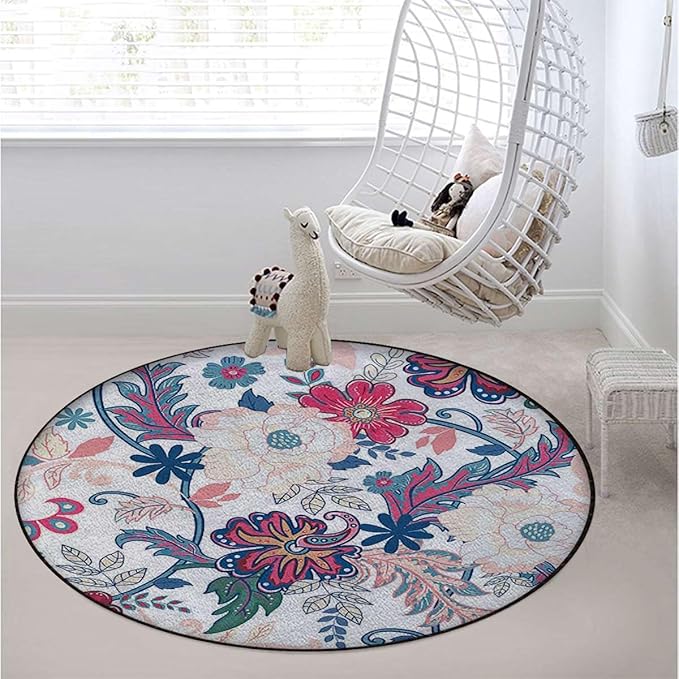 Multicolor Round Floor Mats for Office Chair Under Computer Desk Floor Protector for Rolling Chairs Non Slip Anti Scratches Vintage Style Ornamental Flower Motifs Diameter 47.2 in