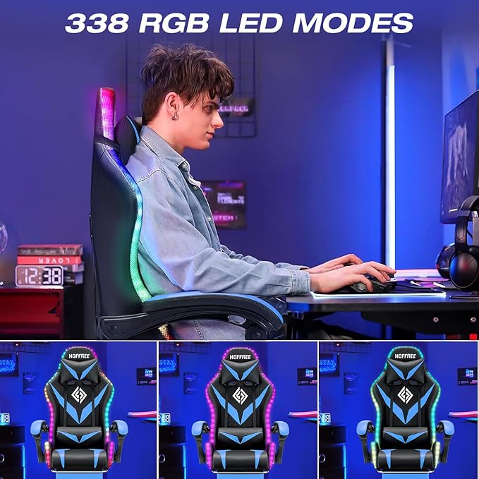 RGB Gaming Chair with Massage and LED Lights Ergonomic Video Game Chairs with Footrest High Back Reclining Computer Chair with Adjustable Lumbar Support Blue and Black