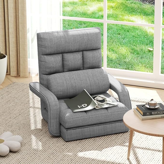 WAYTRIM 6 Position Indoor Chaise Lounge Chair Gaming Floor Chair for Teens Adults Indoor Lounge Chair Lazy Sofa for Pets with Armrests &amp Pillow Comfy Chair for Bedroom Dorm Living Room - Grey