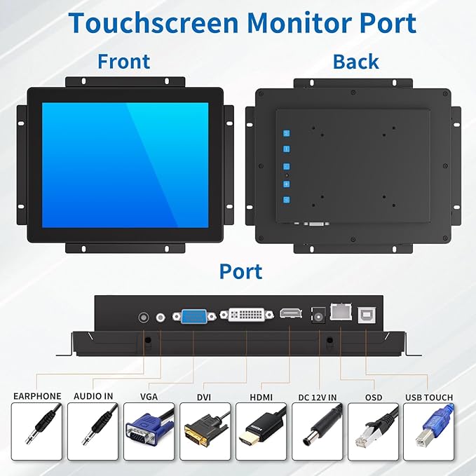 9.7 Inch Open Frame Touch Monitor PCAP 10-Point Touch Industrial Touchscreen Monitor with HDMI/VGA/DVI Interface Active Matrix TFT LCDLED Backlight with VESA Mount