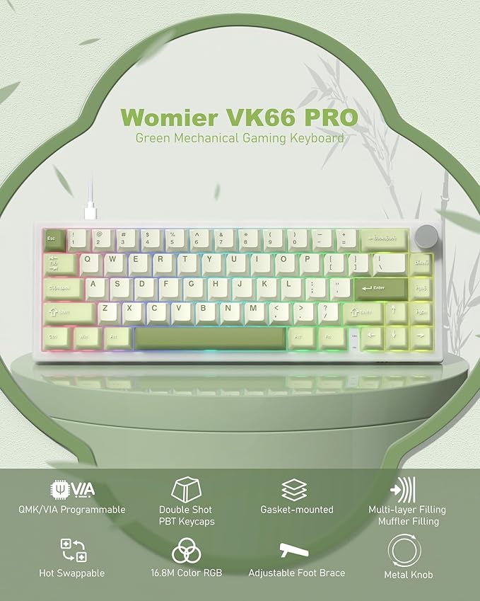Womier 60% Gaming Mechanical Keyboard Green QMK/VIA Creamy Keyboard Wired Hot Swappable Gasket Mount RGB Key Board &amp PBT Keycaps(VK66 PRO)
