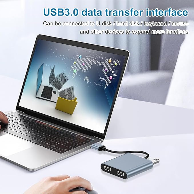 USB 3.0 to Dual Hdmi Adapter for 2 Monitors 1080p Mirroring and Extending USB to 2 HDMI Splitter with USB Hub PD Charging Supports Windows Mac OS【Needs Install Driver】 (Grey)