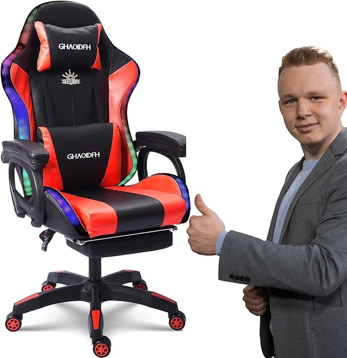 Video Gaming Chair with FootrestGame Chair with Bluetooth SpeakersComputer Chair with LED LightsErgonomic Massage Gaming Chair with Massage Function360°Swivel 90°-135° Adjustment Backrest (red)