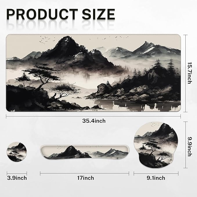 Britimes Black Ink Landscape Keyboard Mouse Pad Set 4in1 Large Mousepad+Keyboard Wrist Rest+Mouse Wrist Rest+Coaster Set with Ergonomic Design for Home Office Computer 35.4x15.7 inches
