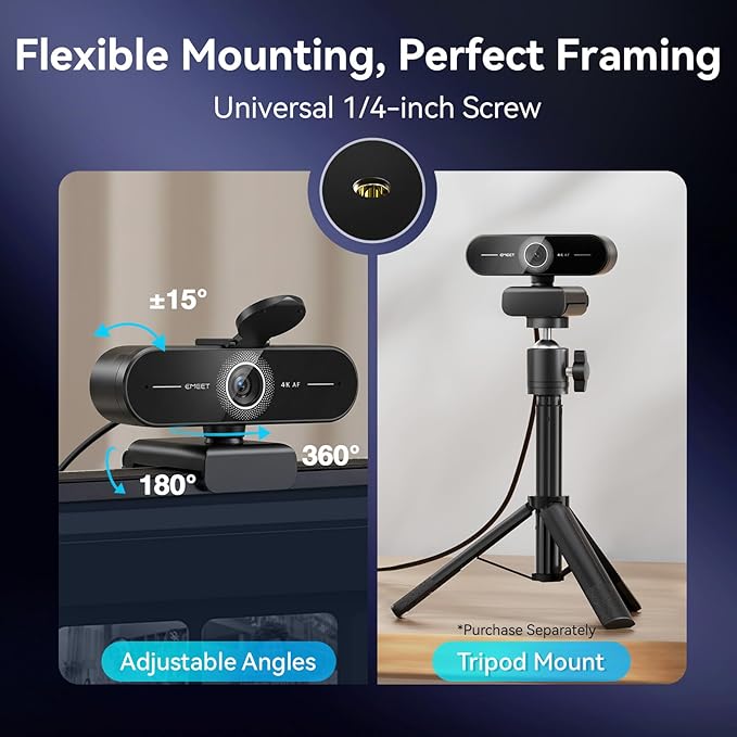 EMEET C60E 4K Webcam for Streaming &amp Gaming – PDAF Autofocus Dual Mics Live Streaming Camera with Auto Light Correction Plug &amp Play USB Webcam for PC &amp Mac