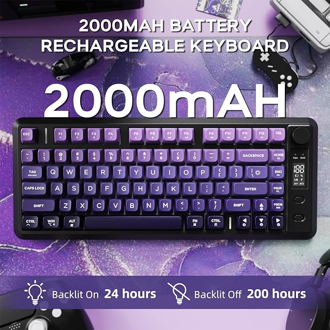 M75 Wireless Gaming Keyboard Mechanical Feel Membrane with Knob &amp OLED Display Bluetooth/2.4Ghz Rainbow Backlit Gradient PBT Keycaps 2000mAH Battery Anti-Ghosting-Purple