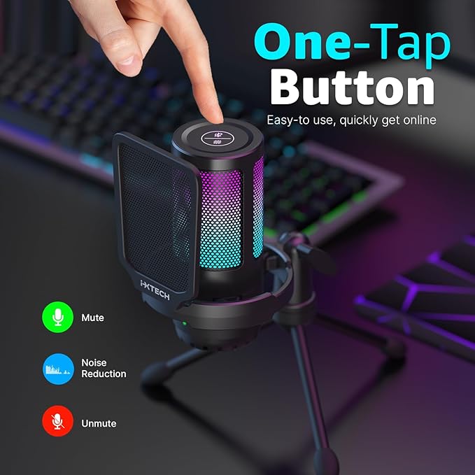 IXTECH USB Gaming Microphone for PC RGB Condenser Microphone with Tripod Stand Pop Filter Rotate Gain Button and Quick Mute Noise Cancellation Computer Mic for Streaming Gaming Podcasting